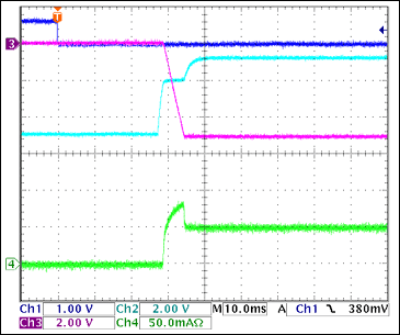 圖10. -5V接通波形，100Ω阻性負(fù)載 = 50mA Ch1 = Q8BASE, Ch2 = -5VGATE, Ch3 = -5VOUT, Ch4 = IIN(-5V) 注釋：-5V擺率大約為1V/ms。