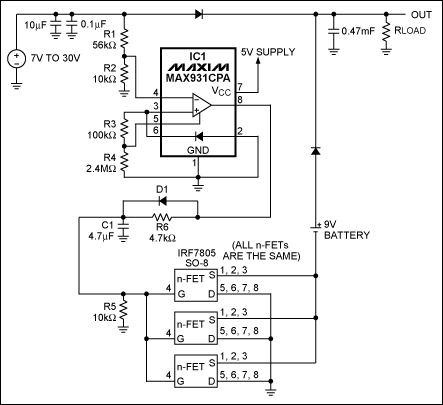 圖1. IC1 MAX931比較器用于監(jiān)測主電源電壓。當(dāng)主電源電壓下降到7.4V以下時，它可以通過將電池負(fù)端接地接通備用電池。