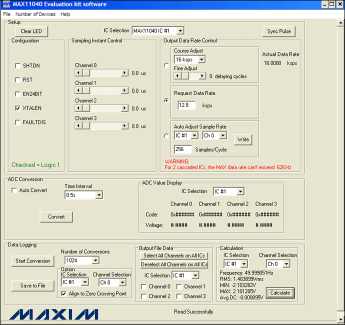 圖4. MAX11040EVKIT GUI允許用戶方便地設(shè)置各種測量條件：12.8ksps、256采樣點/周期和1024次轉(zhuǎn)換。此外，GUI的計算部分提供了一個進行快速工程運算的便捷工具。