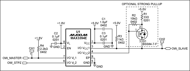 圖1. 1-Wire雙向電平(1.8V至5V)轉(zhuǎn)換器電路原理圖，注意，引腳I/O VL和I/O VCC具有10kΩ內(nèi)部上拉。