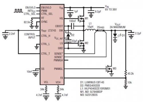 具電流受限并聯(lián)輸出的 6V 至 36V 輸入、2A LED 驅(qū)動(dòng)器